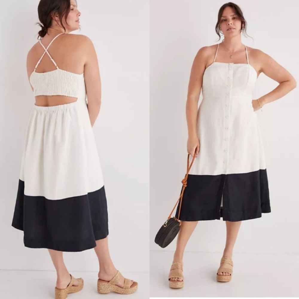 Anthropologie Maeve Linen Colorblocked Midi Dress Black & White